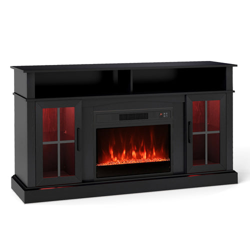 58 Inch Fireplace TV Stand With LED Lights, Storage Cabinets, Glass Doors, Black