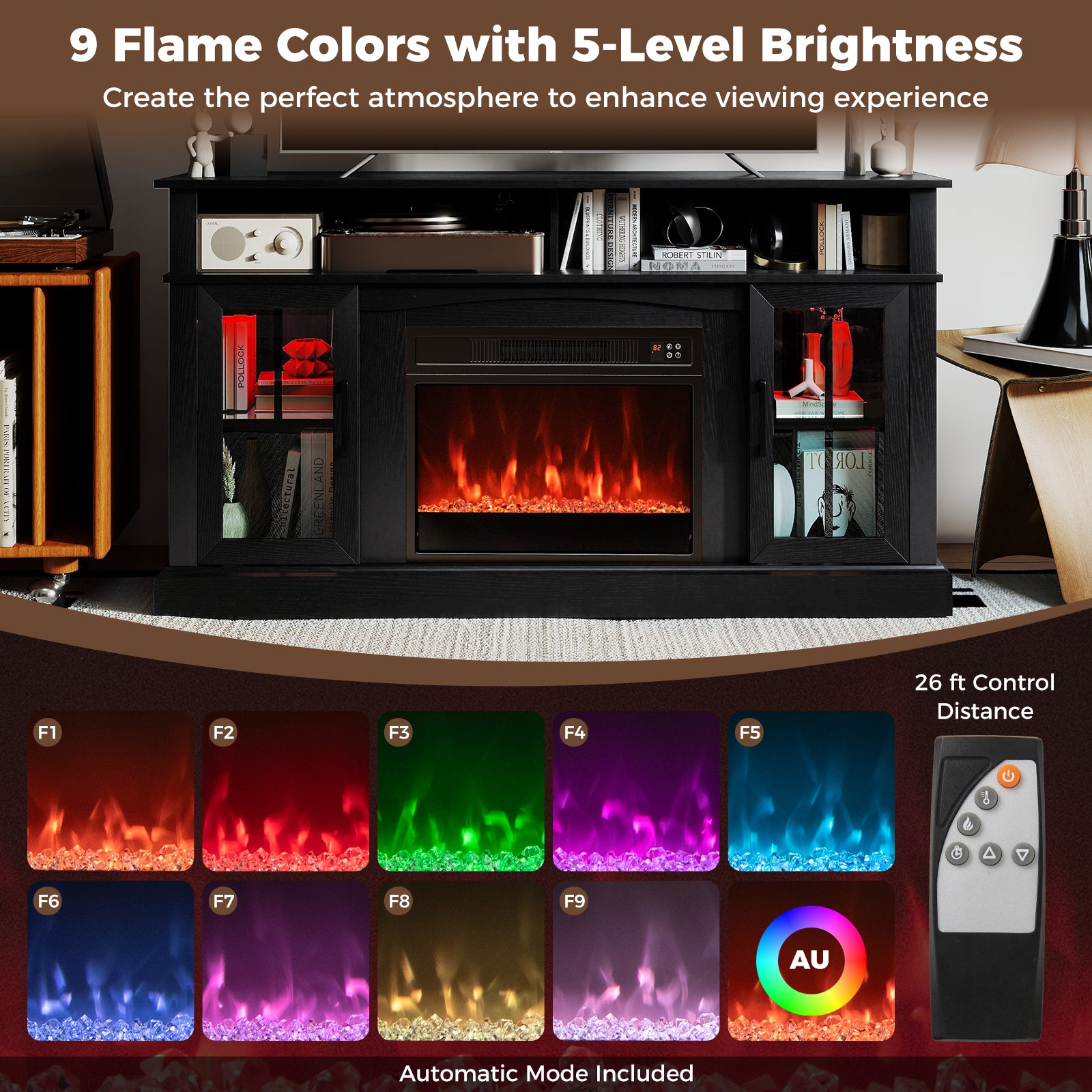 58 Inch Fireplace TV Stand with LED Lights with Storage Cabinets and Glass Doors, Black Entertainment Centers & TV Stands at Gallery Canada