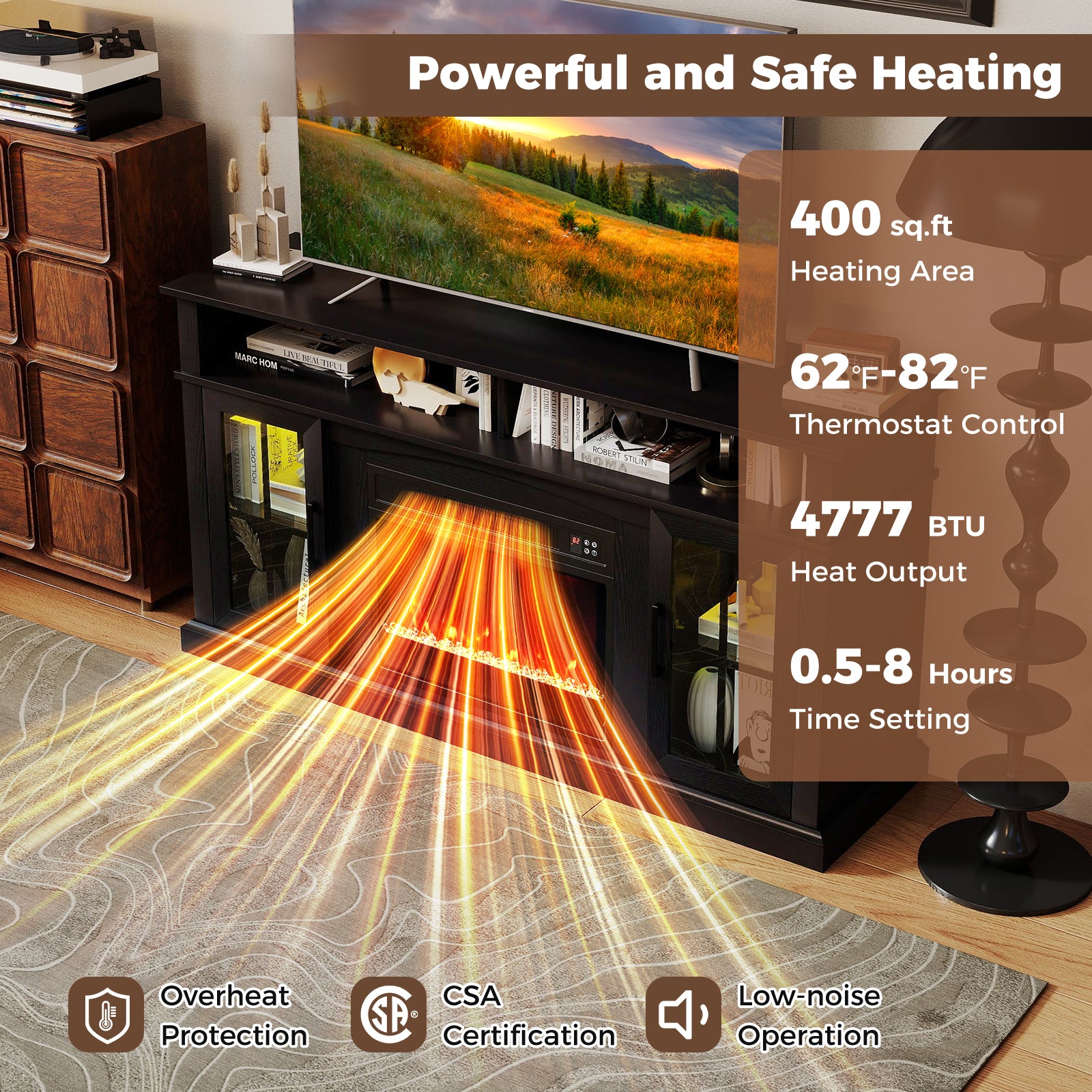 58 Inch Fireplace TV Stand with LED Lights with Storage Cabinets and Glass Doors, Black Entertainment Centers & TV Stands at Gallery Canada