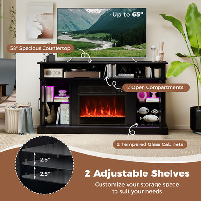 58 Inch Fireplace TV Stand with LED Lights with Storage Cabinets and Glass Doors, Black Entertainment Centers & TV Stands at Gallery Canada