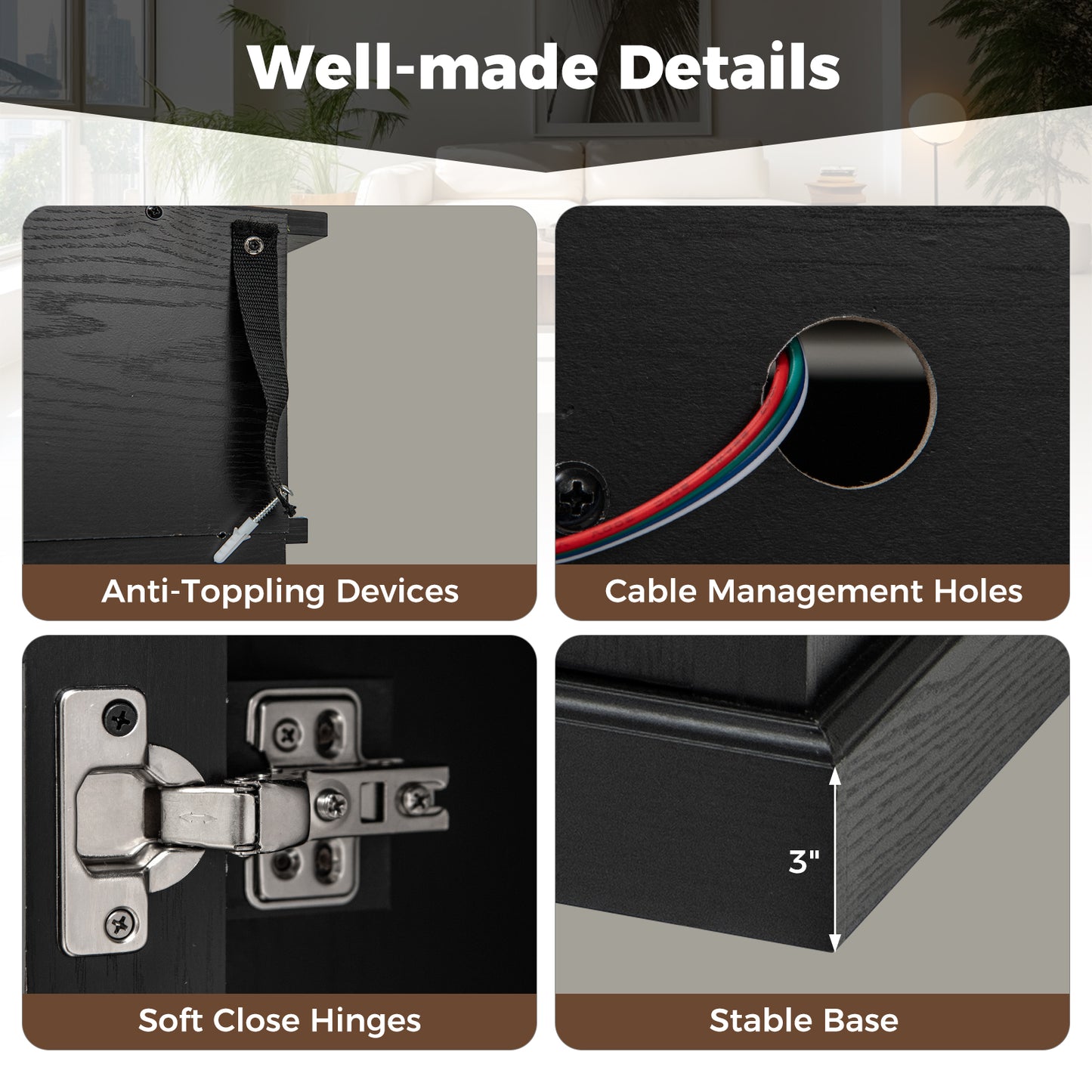 58 Inch Fireplace TV Stand with LED Lights with Storage Cabinets and Glass Doors, Black Entertainment Centers & TV Stands at Gallery Canada