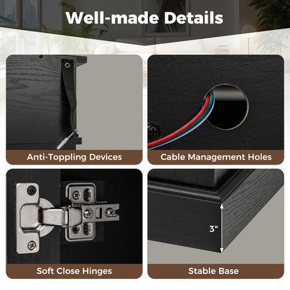 58 Inch Fireplace TV Stand with LED Lights with Storage Cabinets and Glass Doors, Black Entertainment Centers & TV Stands at Gallery Canada