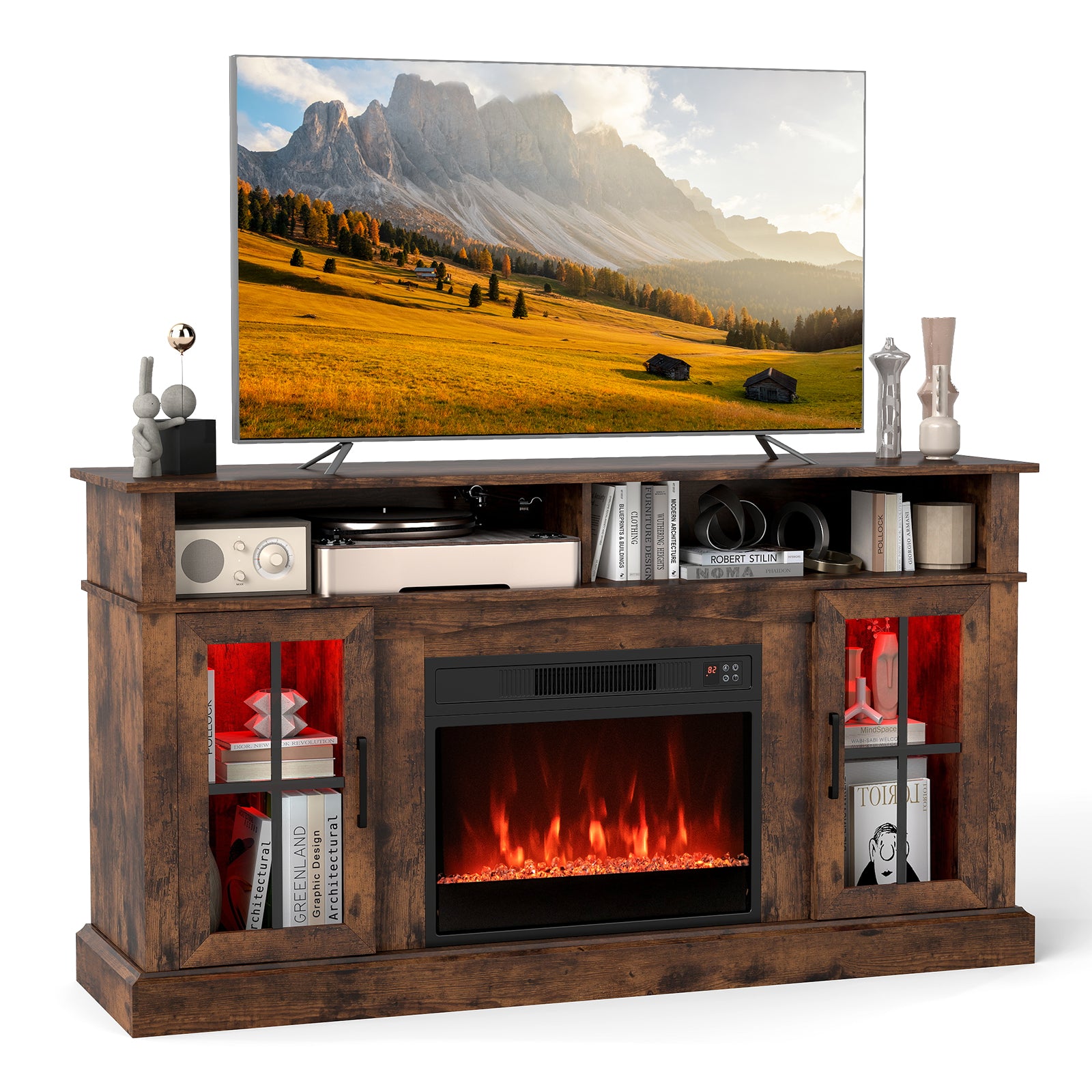 58 Inch Fireplace TV Stand with LED Lights with Storage Cabinets and Glass Doors, Rustic Brown Entertainment Centers & TV Stands at Gallery Canada