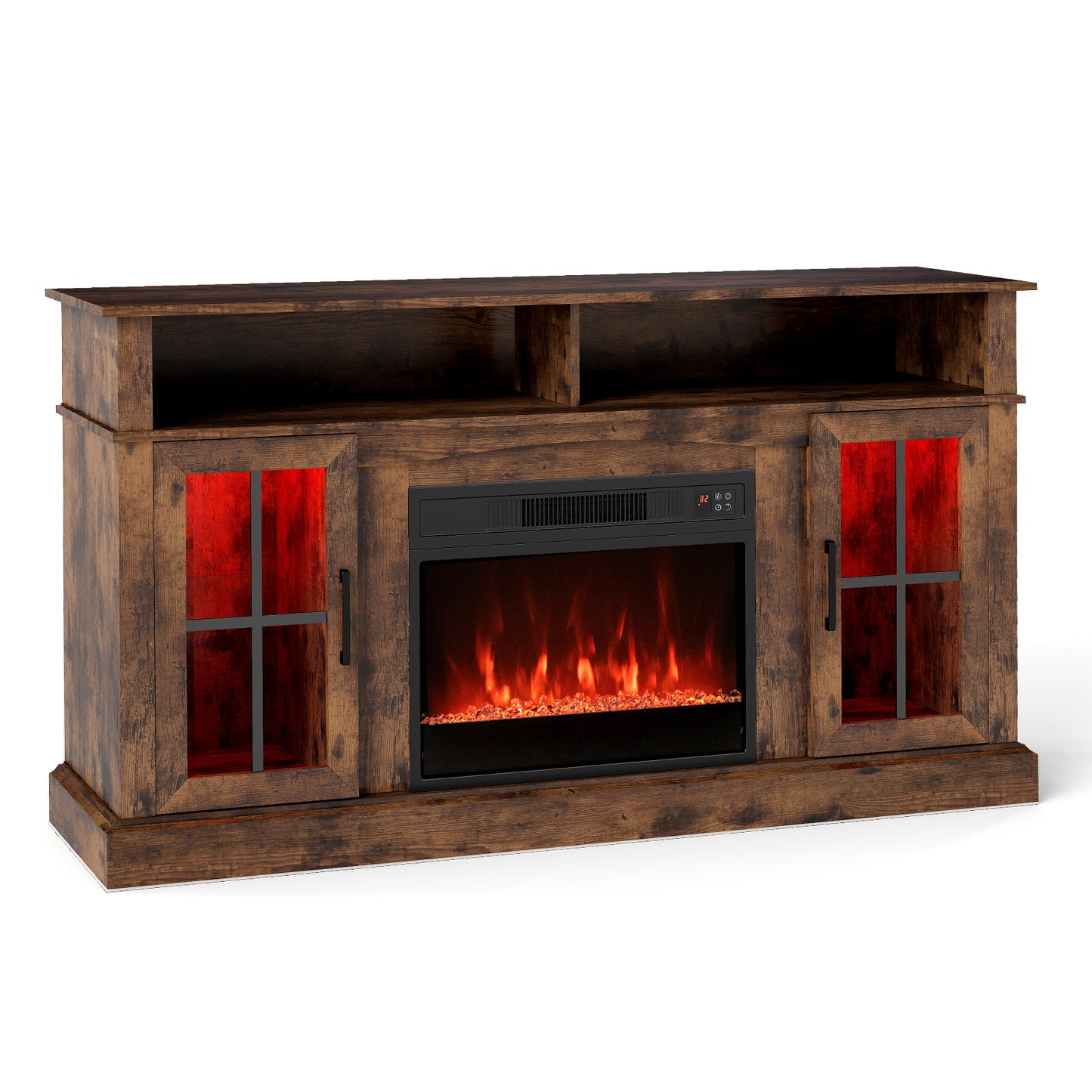 58 Inch Fireplace TV Stand with LED Lights with Storage Cabinets and Glass Doors, Rustic Brown Entertainment Centers & TV Stands at Gallery Canada