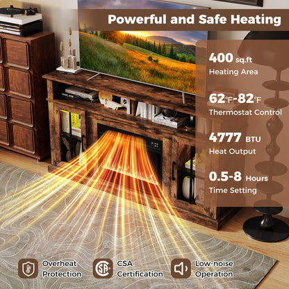 58 Inch Fireplace TV Stand with LED Lights with Storage Cabinets and Glass Doors, Rustic Brown Entertainment Centers & TV Stands at Gallery Canada