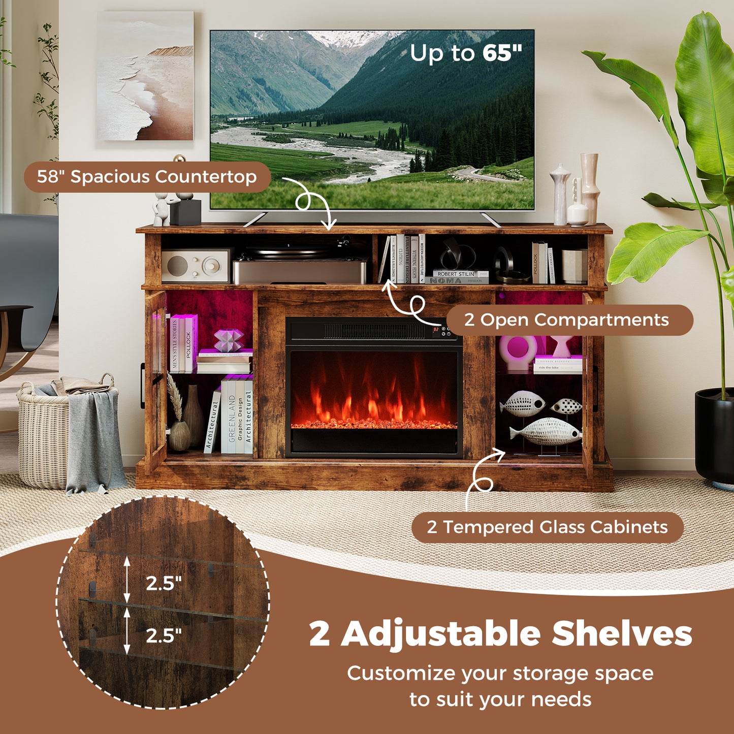 58 Inch Fireplace TV Stand with LED Lights with Storage Cabinets and Glass Doors, Rustic Brown Entertainment Centers & TV Stands at Gallery Canada