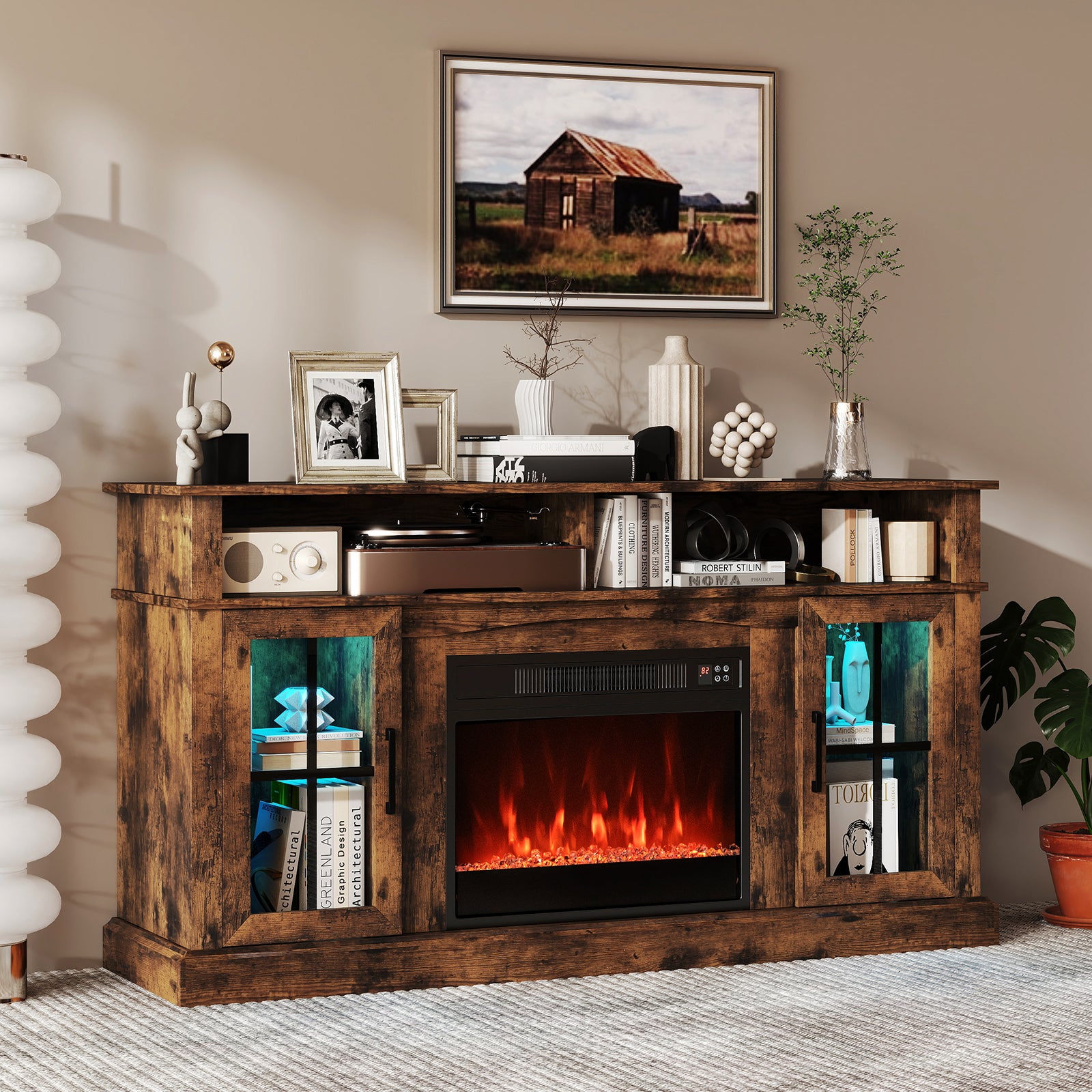 58 Inch Fireplace TV Stand with LED Lights with Storage Cabinets and Glass Doors, Rustic Brown Entertainment Centers & TV Stands at Gallery Canada