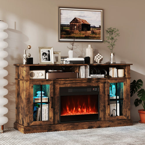 58 Inch Fireplace TV Stand with LED Lights with Storage Cabinets and Glass Doors, Rustic Brown