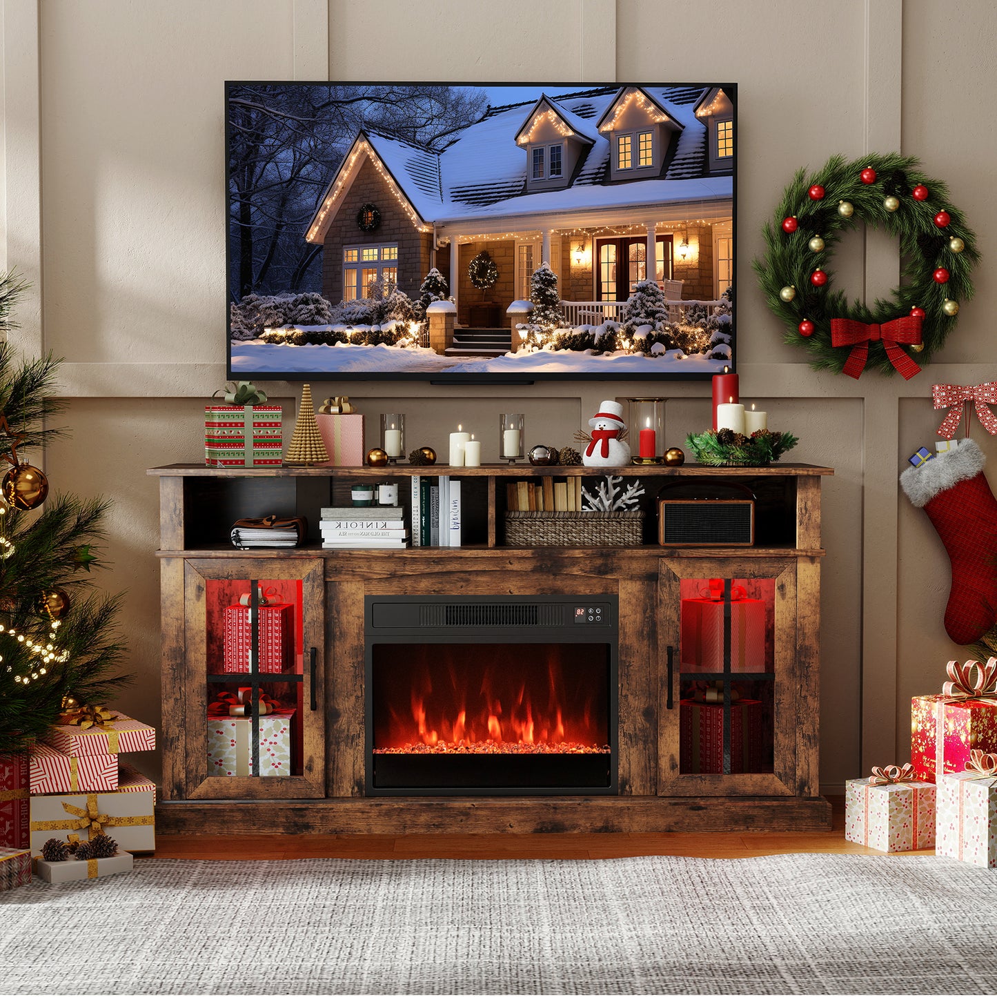 58 Inch Fireplace TV Stand with LED Lights with Storage Cabinets and Glass Doors, Rustic Brown Entertainment Centers & TV Stands at Gallery Canada