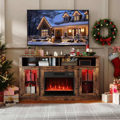 58 Inch Fireplace TV Stand with LED Lights with Storage Cabinets and Glass Doors, Rustic Brown Entertainment Centers & TV Stands at Gallery Canada