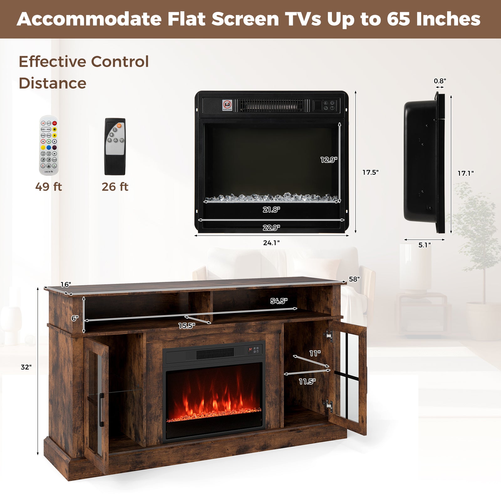 58 Inch Fireplace TV Stand with LED Lights with Storage Cabinets and Glass Doors, Rustic Brown Entertainment Centers & TV Stands at Gallery Canada