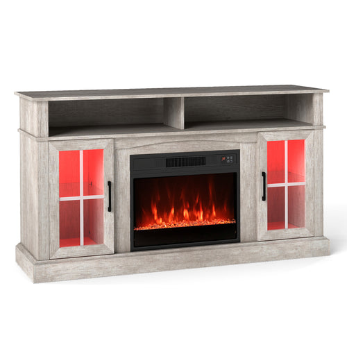 58 Inch Fireplace TV Stand With LED Lights, Storage Cabinets, Glass Doors, Gray