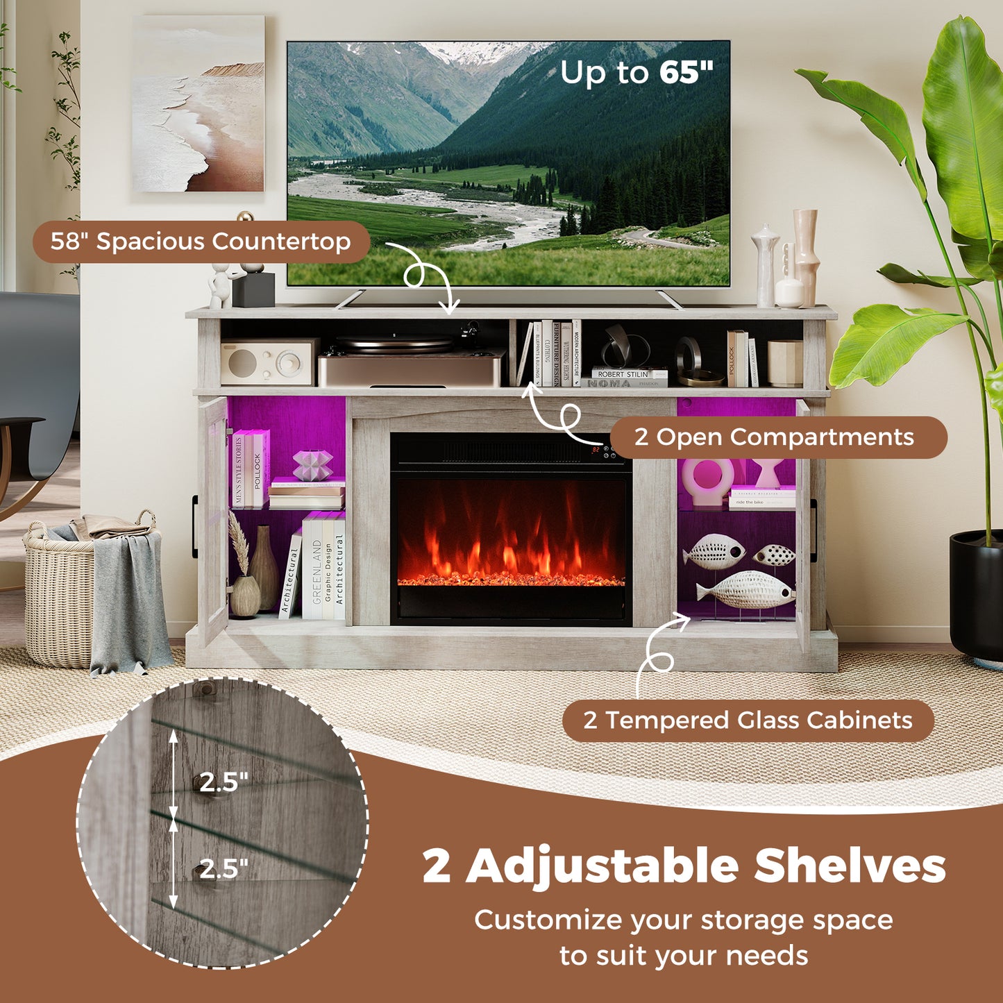 58 Inch Fireplace TV Stand with LED Lights with Storage Cabinets and Glass Doors, Gray Entertainment Centers & TV Stands at Gallery Canada