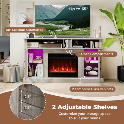 58 Inch Fireplace TV Stand with LED Lights with Storage Cabinets and Glass Doors, Gray Entertainment Centers & TV Stands at Gallery Canada