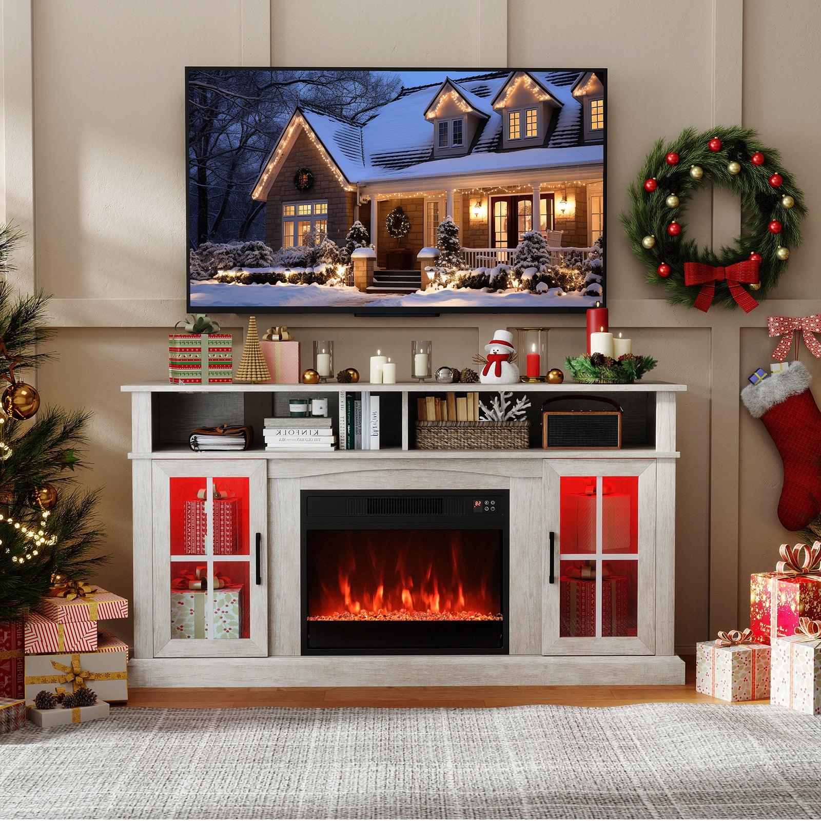 58 Inch Fireplace TV Stand with LED Lights with Storage Cabinets and Glass Doors, Gray Entertainment Centers & TV Stands at Gallery Canada