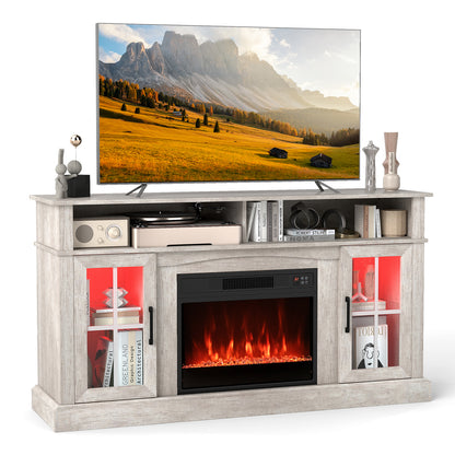 58 Inch Fireplace TV Stand with LED Lights with Storage Cabinets and Glass Doors, Gray Entertainment Centers & TV Stands at Gallery Canada