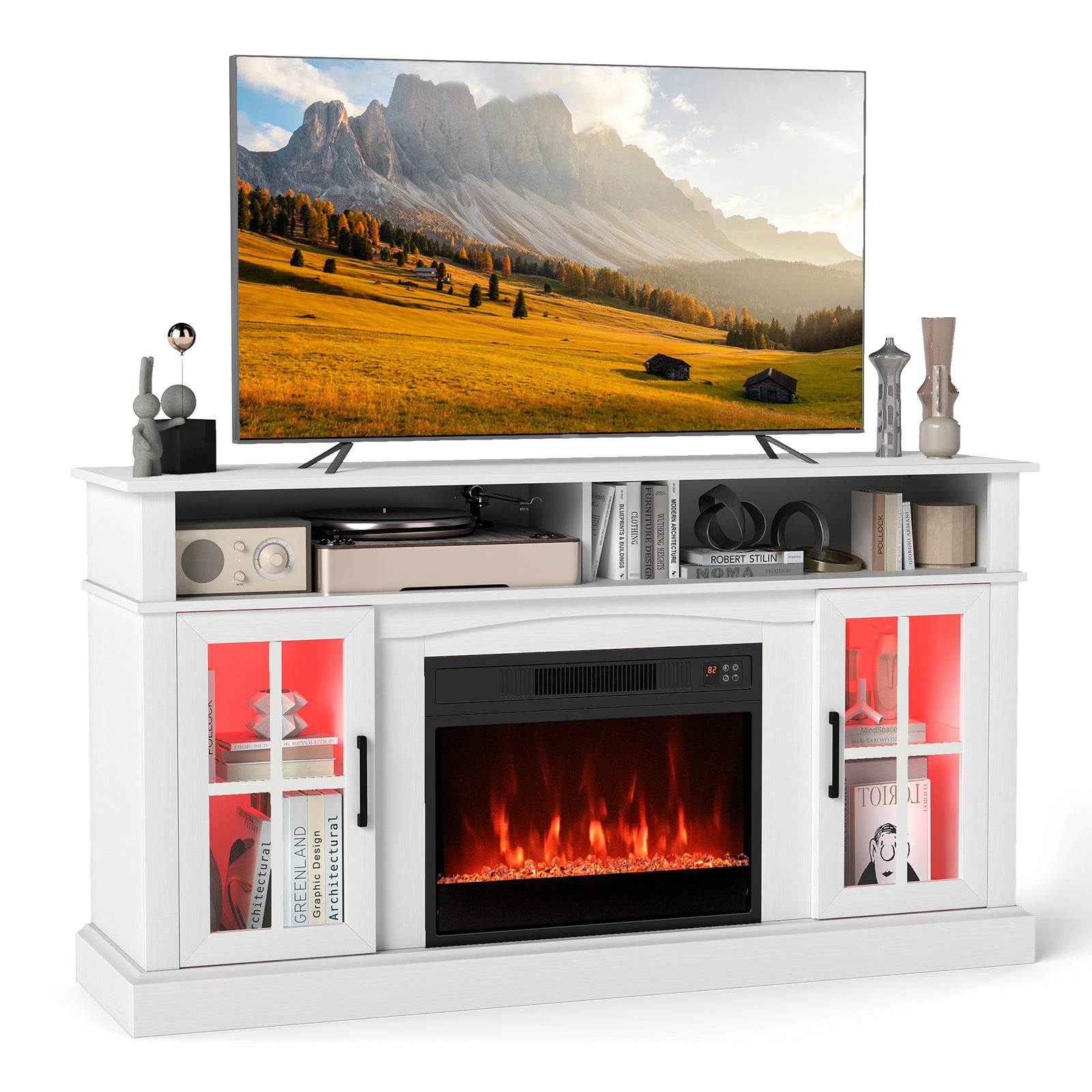 58 Inch Fireplace TV Stand with LED Lights with Storage Cabinets and Glass Doors, White Entertainment Centers & TV Stands at Gallery Canada
