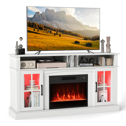 58 Inch Fireplace TV Stand with LED Lights with Storage Cabinets and Glass Doors, White Entertainment Centers & TV Stands at Gallery Canada