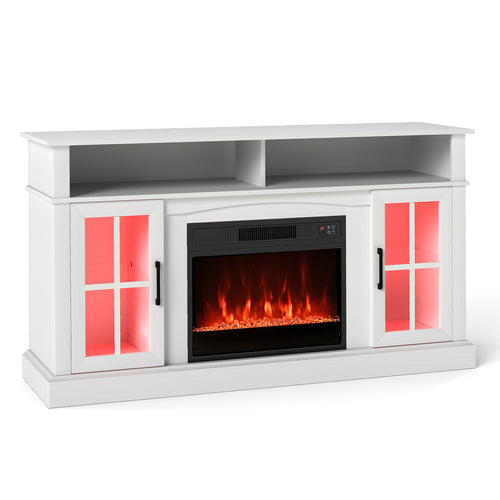 58 Inch Fireplace TV Stand, LED Lights, Storage Cabinets, Glass Doors, White