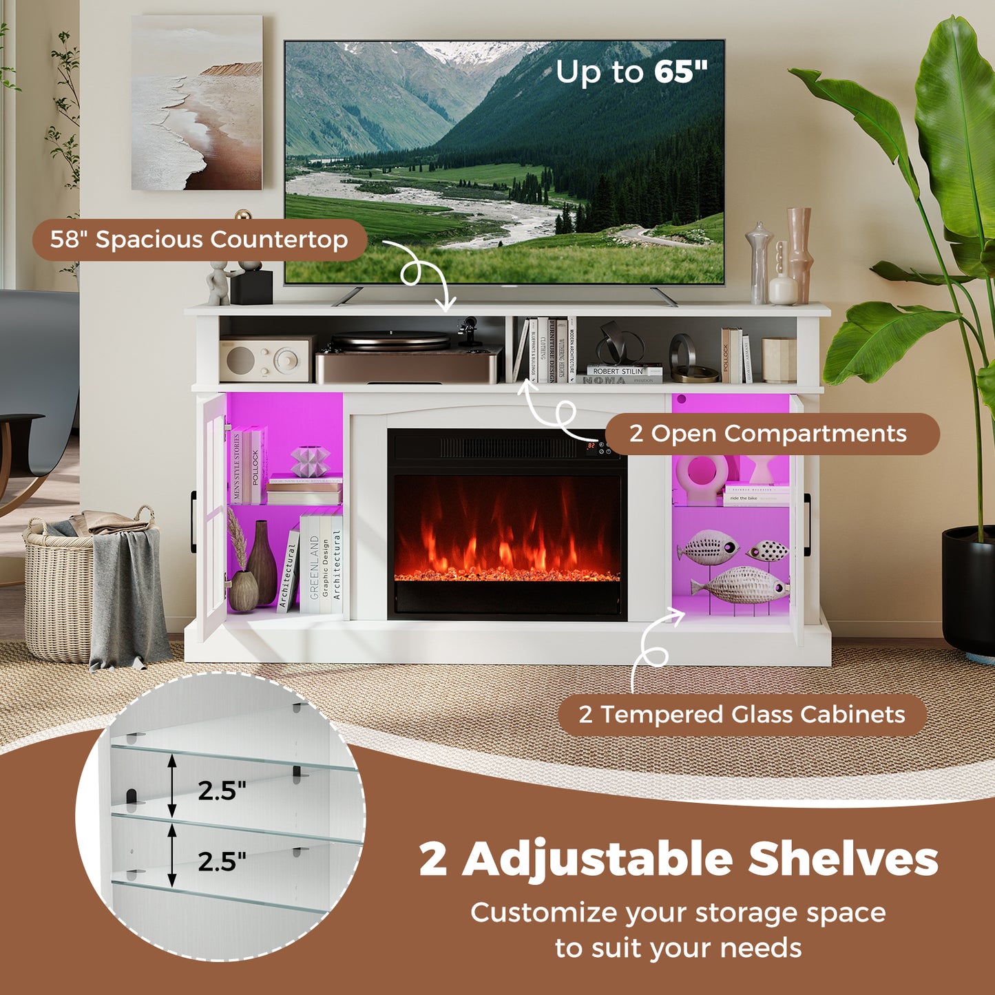 58 Inch Fireplace TV Stand with LED Lights with Storage Cabinets and Glass Doors, White Entertainment Centers & TV Stands at Gallery Canada