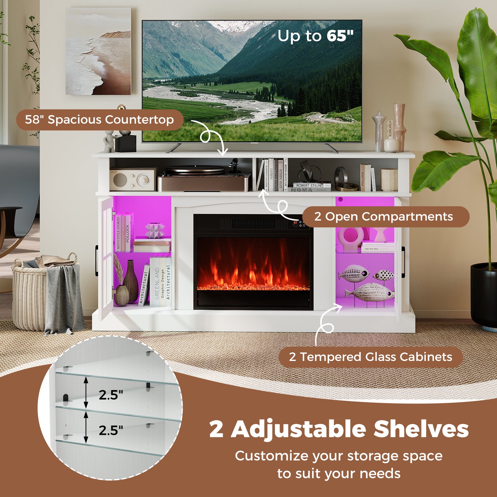 58 Inch Fireplace TV Stand with LED Lights with Storage Cabinets and Glass Doors, White Entertainment Centers & TV Stands at Gallery Canada