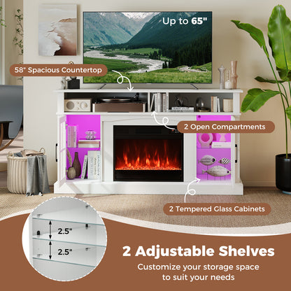 58 Inch Fireplace TV Stand with LED Lights with Storage Cabinets and Glass Doors, White Entertainment Centers & TV Stands at Gallery Canada