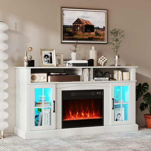 58 Inch Fireplace TV Stand with LED Lights with Storage Cabinets and Glass Doors, White