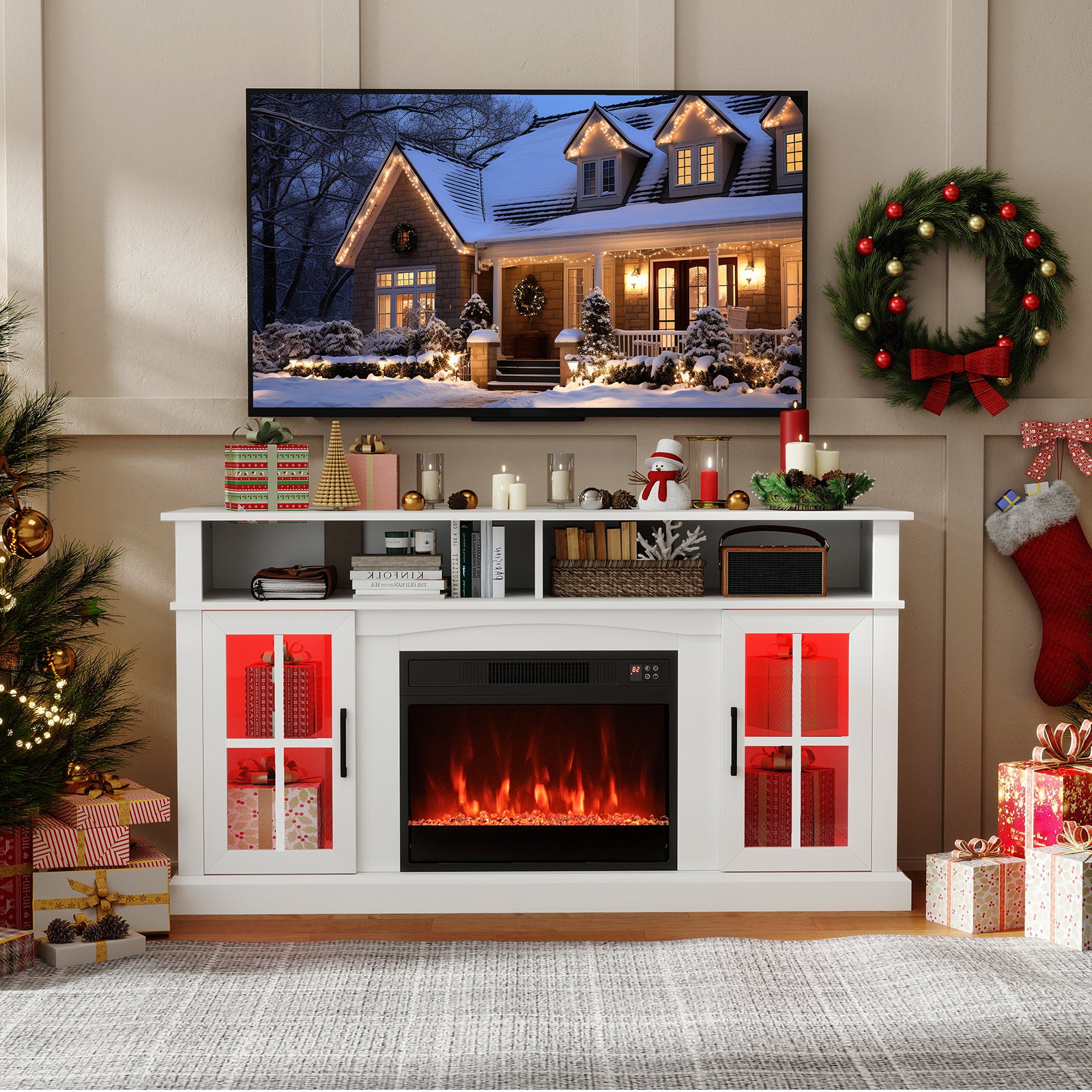58 Inch Fireplace TV Stand with LED Lights with Storage Cabinets and Glass Doors, White Entertainment Centers & TV Stands at Gallery Canada