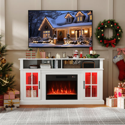 58 Inch Fireplace TV Stand with LED Lights with Storage Cabinets and Glass Doors, White Entertainment Centers & TV Stands at Gallery Canada