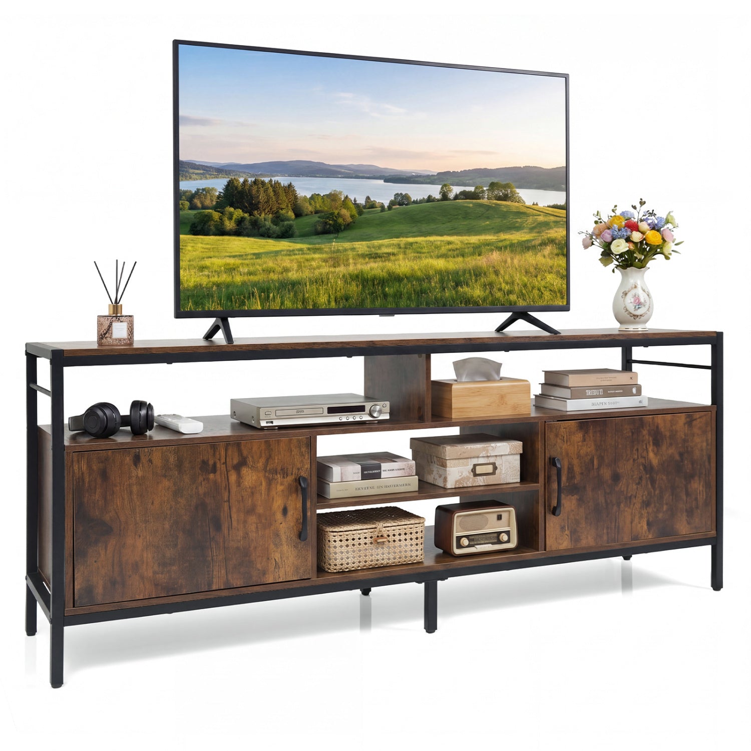 58 Inch TV Stand With Cabinets, Adjustable Shelf, Rustic Brown Entertainment Centers & TV Stands at Gallery Canada