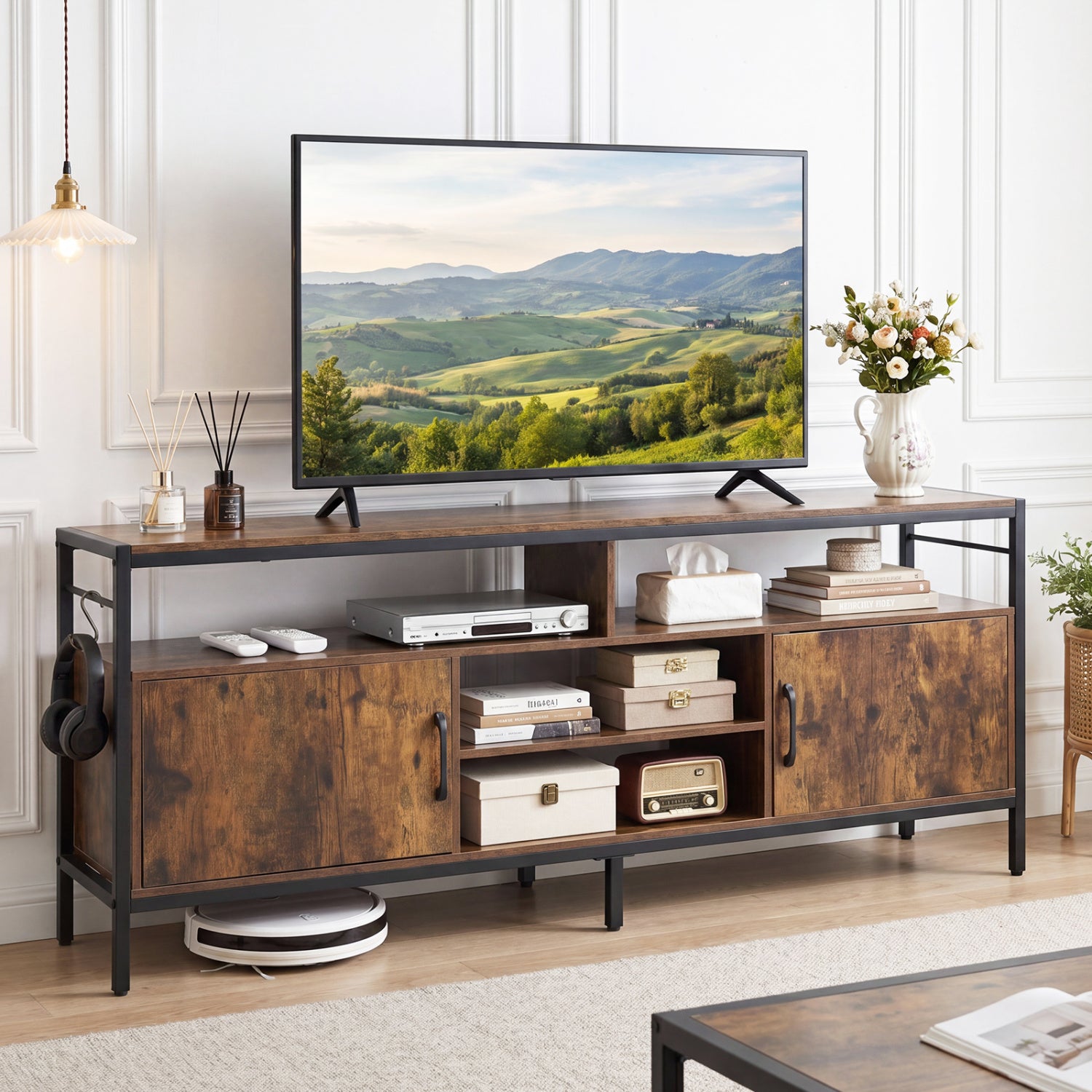58 Inch TV Stand With Cabinets, Adjustable Shelf, Rustic Brown Entertainment Centers & TV Stands at Gallery Canada