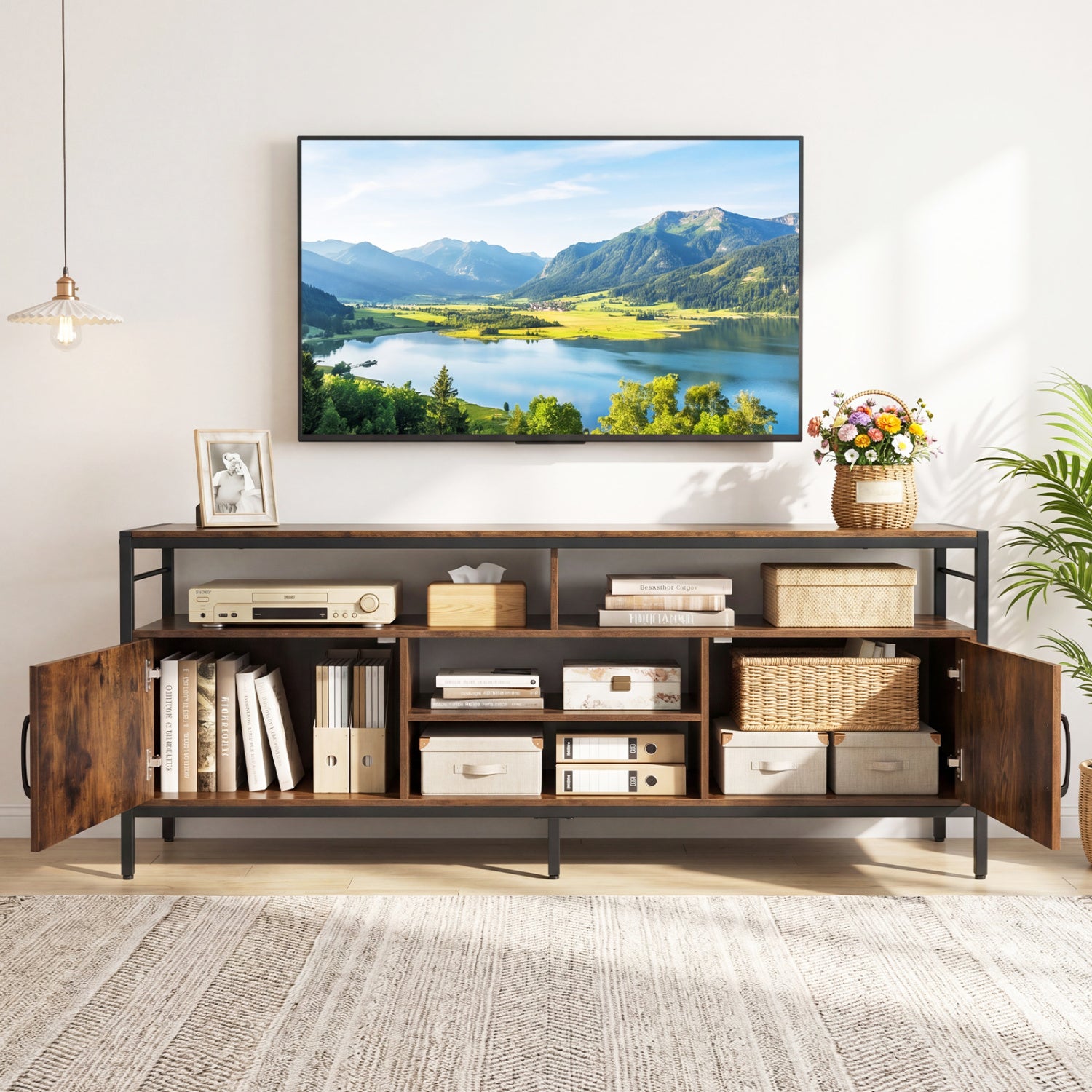 58 Inch TV Stand With Cabinets, Adjustable Shelf, Rustic Brown Entertainment Centers & TV Stands at Gallery Canada