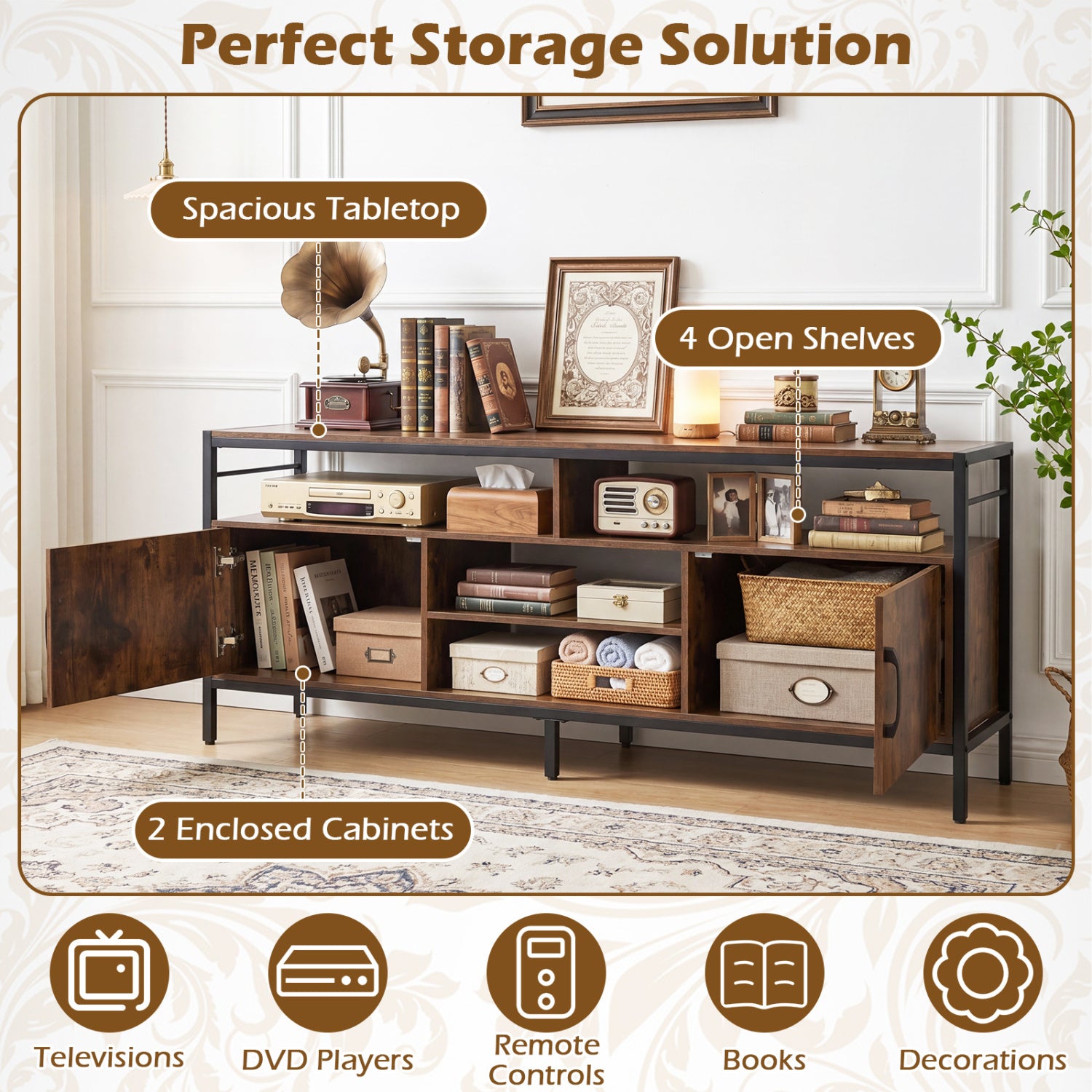 58 Inch TV Stand With Cabinets, Adjustable Shelf, Rustic Brown Entertainment Centers & TV Stands at Gallery Canada
