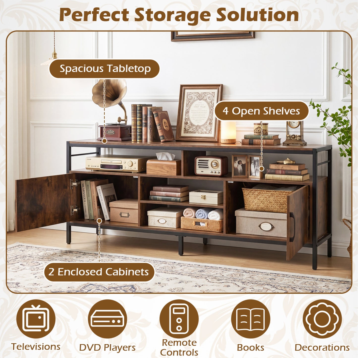 58 Inch TV Stand With Cabinets, Adjustable Shelf, Rustic Brown Entertainment Centers & TV Stands at Gallery Canada