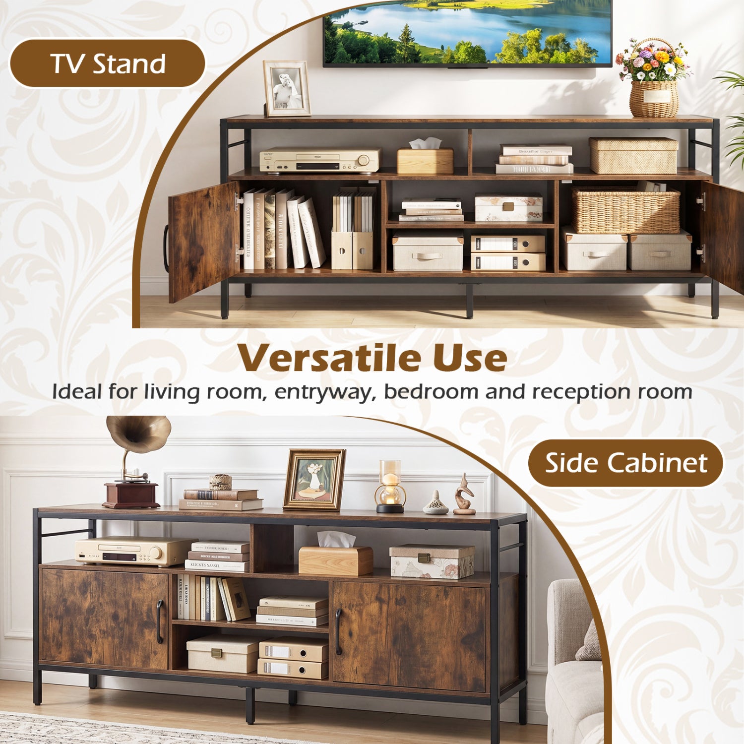 58 Inch TV Stand With Cabinets, Adjustable Shelf, Rustic Brown Entertainment Centers & TV Stands at Gallery Canada