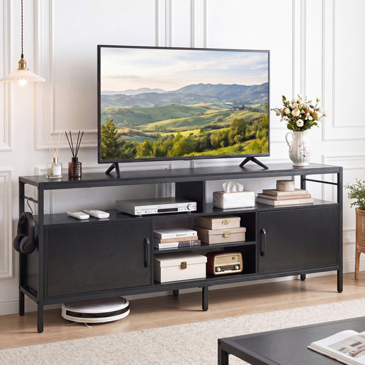 58" Industrial TV Stand With Cabinets, Adjustable Shelf, Black Entertainment Centers & TV Stands Black at Gallery Canada