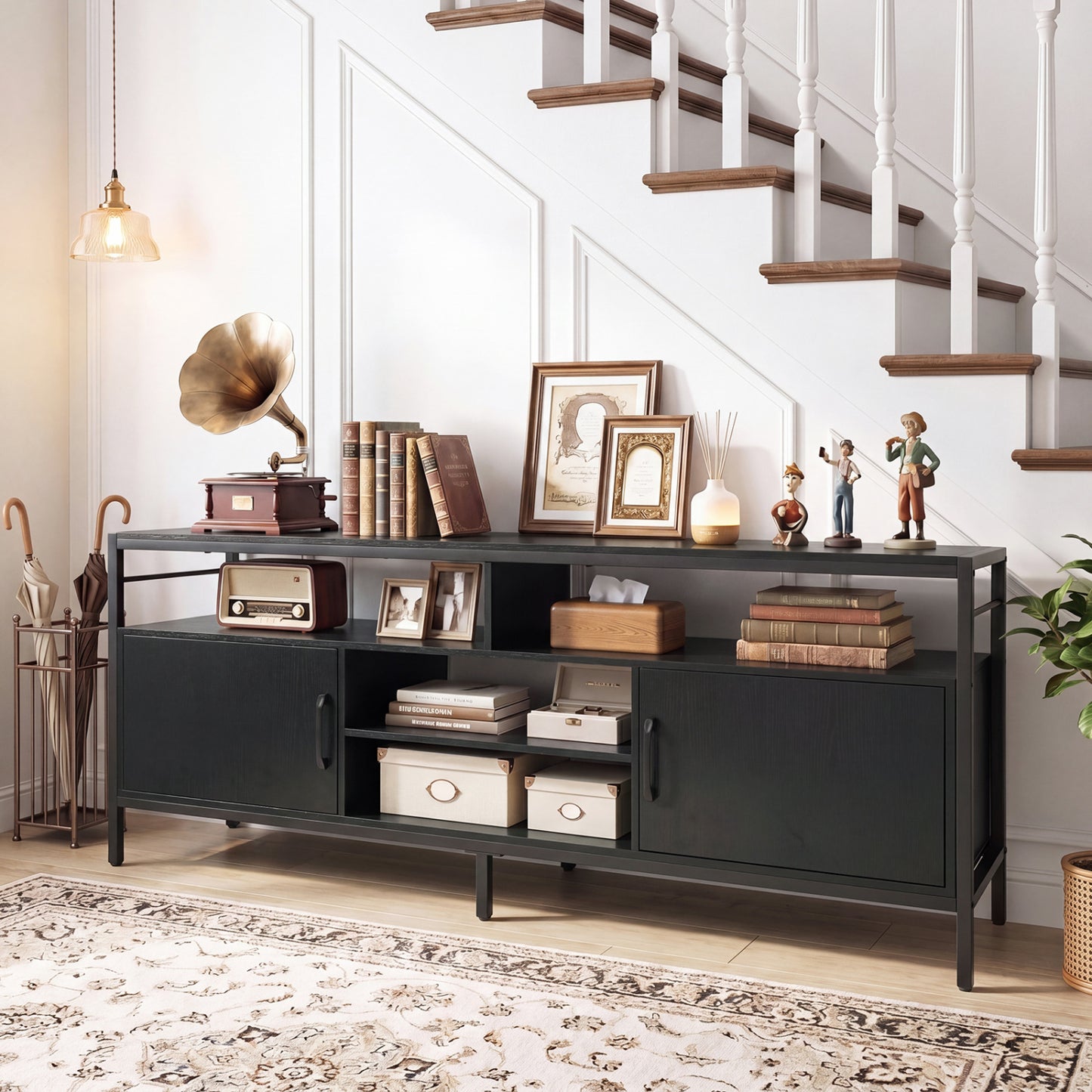 58" Industrial TV Stand With Cabinets, Adjustable Shelf, Black Entertainment Centers & TV Stands at Gallery Canada