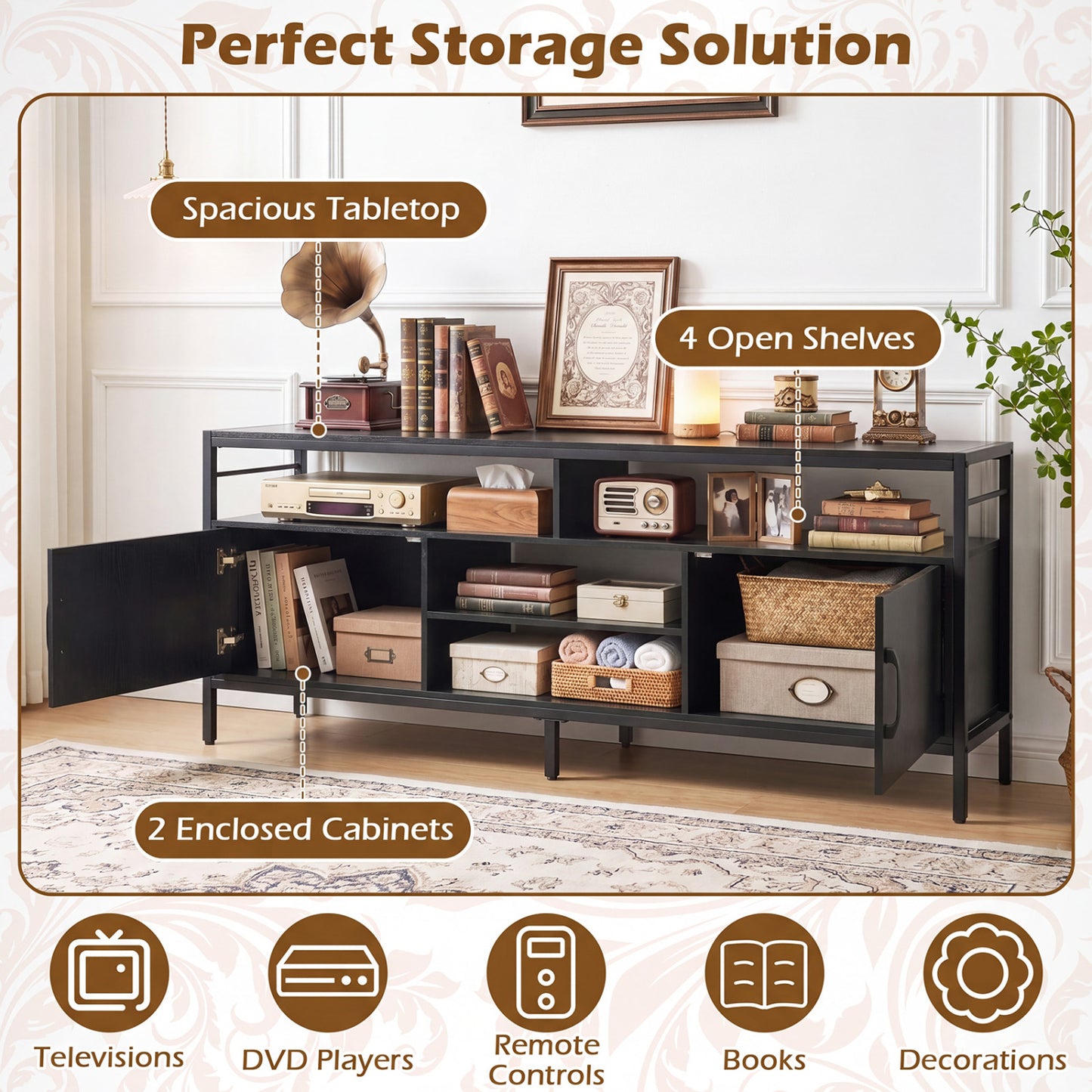 58" Industrial TV Stand With Cabinets, Adjustable Shelf, Black Entertainment Centers & TV Stands at Gallery Canada