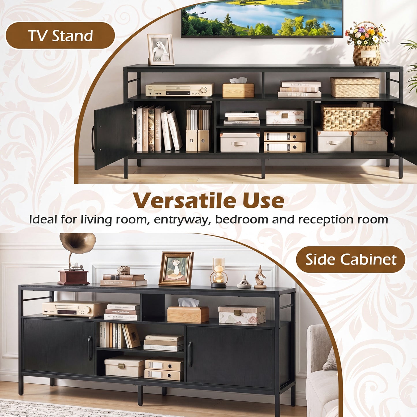58" Industrial TV Stand With Cabinets, Adjustable Shelf, Black Entertainment Centers & TV Stands at Gallery Canada