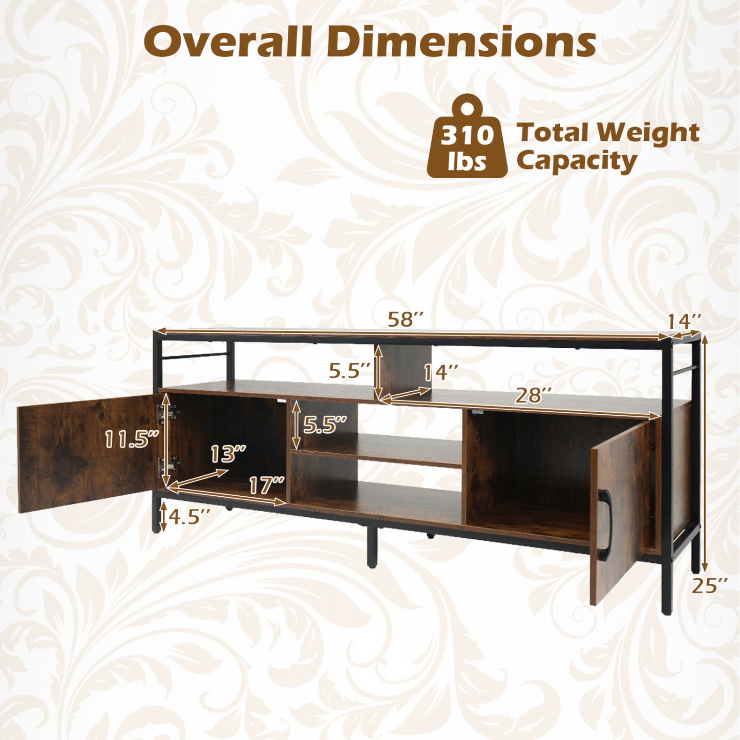 58 Inch TV Stand With Cabinets, Adjustable Shelf, Rustic Brown Entertainment Centers & TV Stands at Gallery Canada