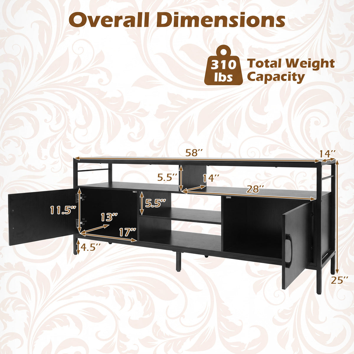 58" Industrial TV Stand With Cabinets, Adjustable Shelf, Black Entertainment Centers & TV Stands at Gallery Canada