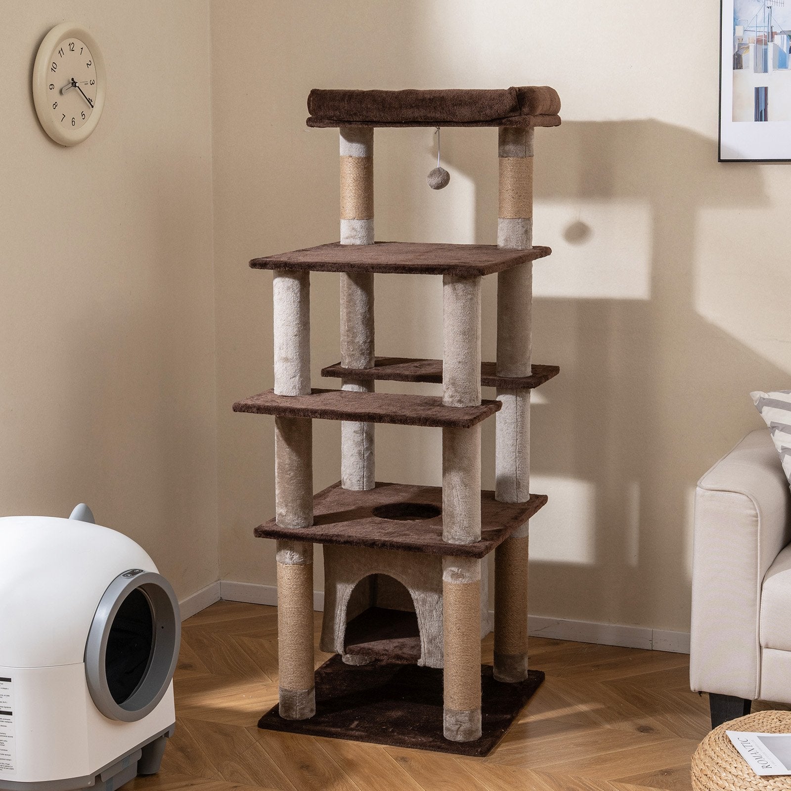 58 Inch Large Multi-level Cat Tree with Swaying Aerial Condo and Plush Perch Bed, Brown Cat Trees Condos & Scratchers at Gallery Canada