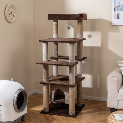 58 Inch Large Multi-level Cat Tree with Swaying Aerial Condo and Plush Perch Bed, Brown