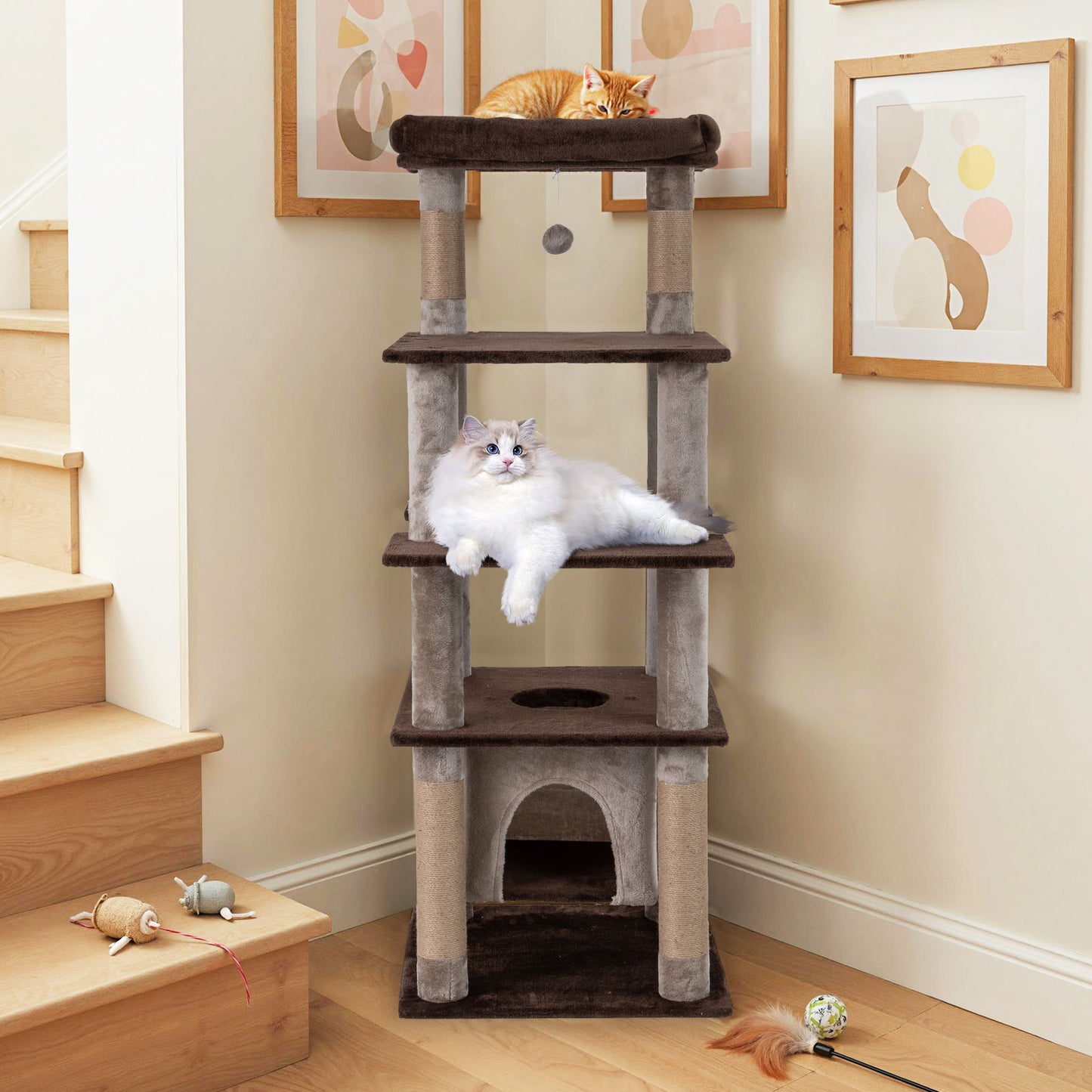 58 Inch Large Multi-level Cat Tree with Swaying Aerial Condo and Plush Perch Bed, Brown Cat Trees Condos & Scratchers at Gallery Canada