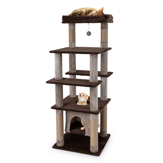58 Inch Cat Tree, Multi-Level With Swaying Aerial Condo, Plush Perch Bed, Brown