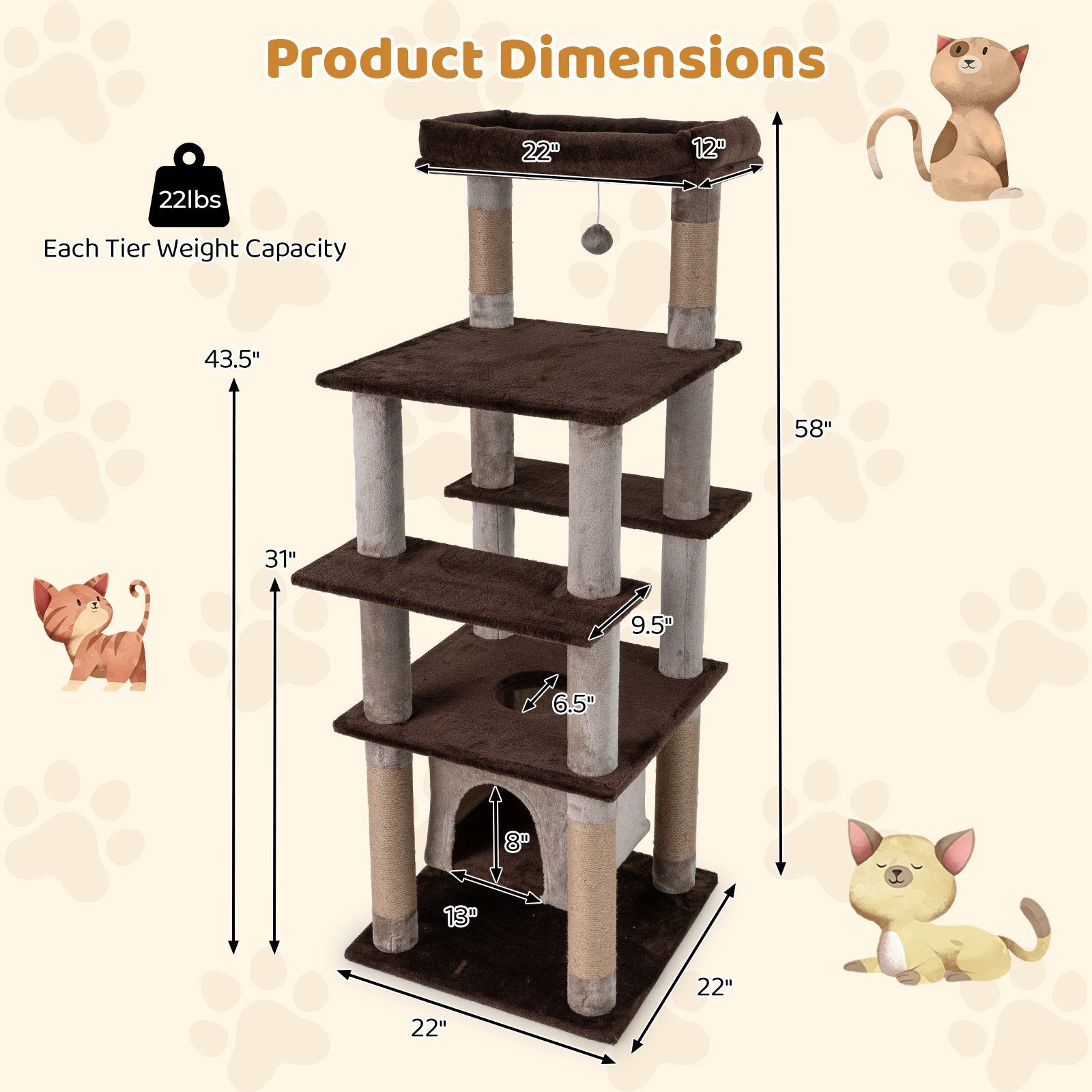 58 Inch Large Multi-level Cat Tree with Swaying Aerial Condo and Plush Perch Bed, Brown Cat Trees Condos & Scratchers at Gallery Canada