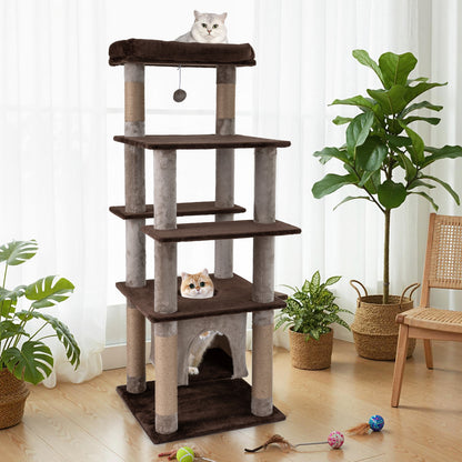58 Inch Large Multi-level Cat Tree with Swaying Aerial Condo and Plush Perch Bed, Brown Cat Trees Condos & Scratchers at Gallery Canada
