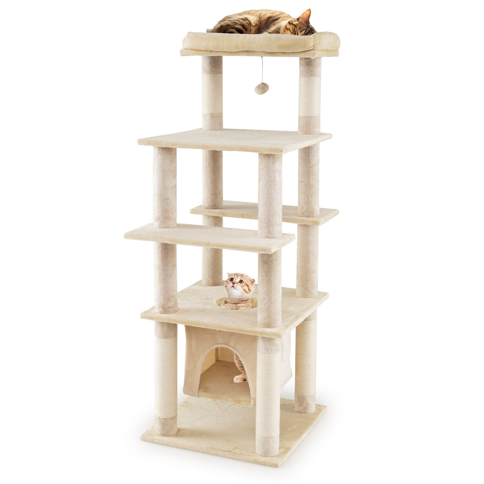 58 Inch Large Multi-level Cat Tree with Swaying Aerial Condo and Plush Perch Bed, Beige Cat Trees Condos & Scratchers Beige at Gallery Canada