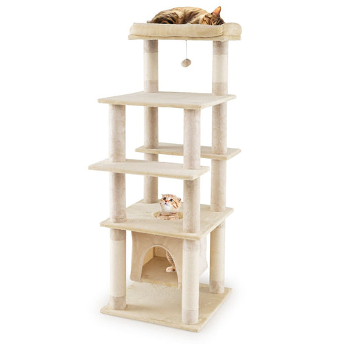 58 Inch Large Multi-level Cat Tree with Swaying Aerial Condo and Plush Perch Bed, Beige