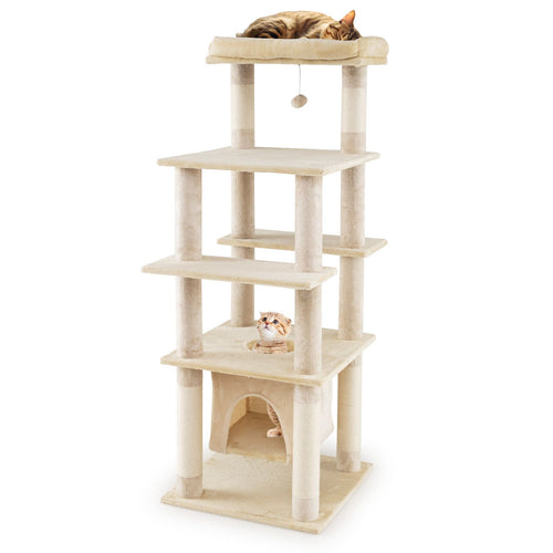 58 Inch Multi-Level Cat Tree, Swaying Aerial Condo, Plush Perch Bed, Beige